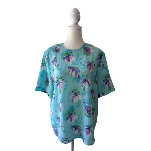 Christie & Jill Women Size Large Blue Floral Blouse Short Sleeve Top 90s Vintage